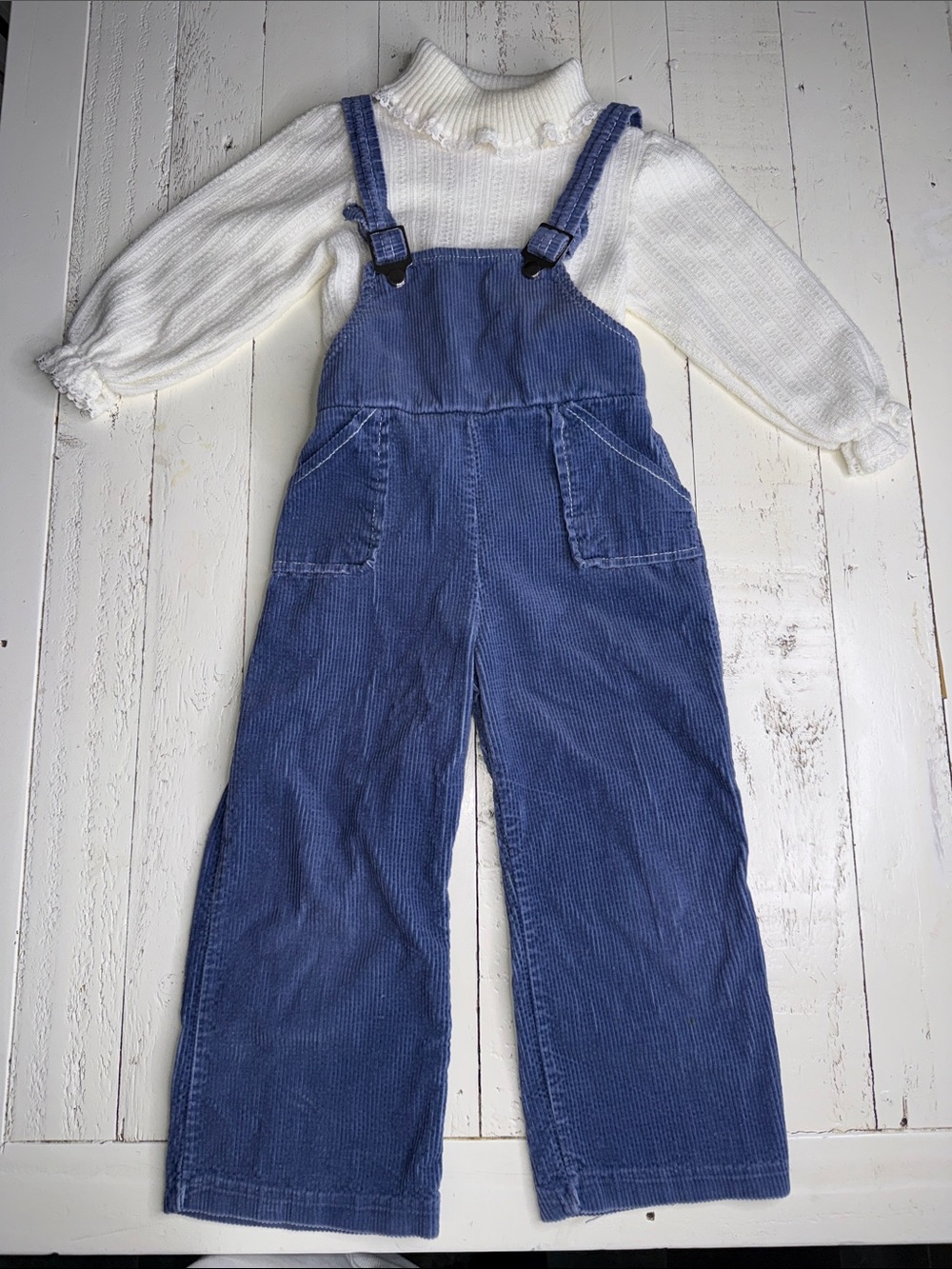 2-3X 1970s vintage Blue Corduroy Overalls and white knit/lace turtleneck